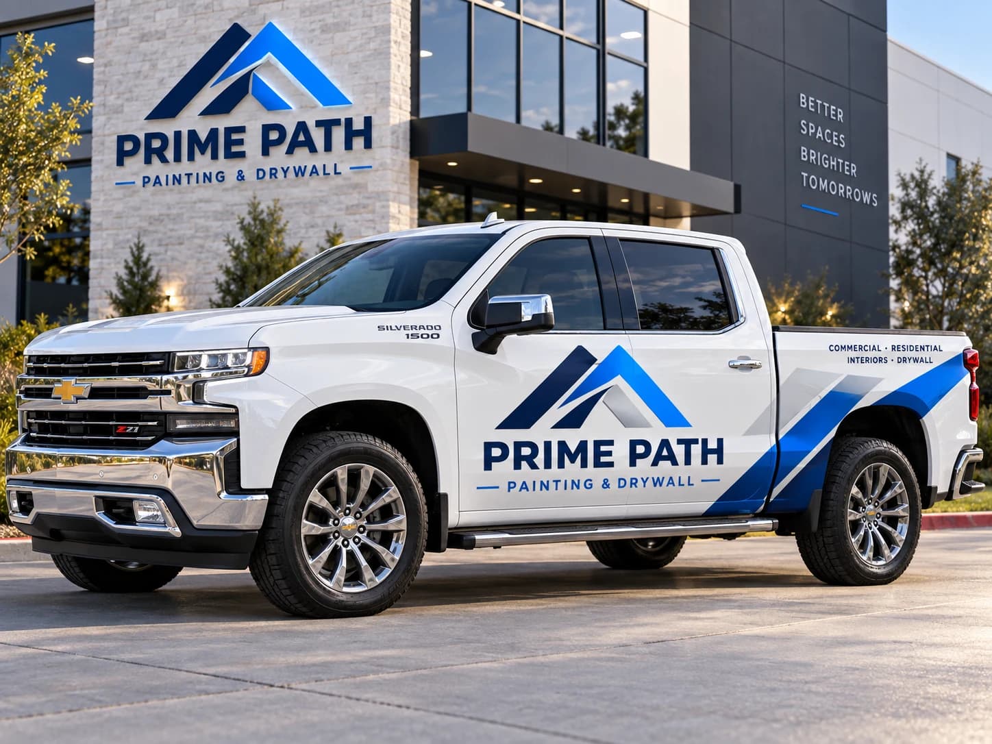 Prime Path branded white Chevrolet Silverado, shown in a vehicle branding concept
