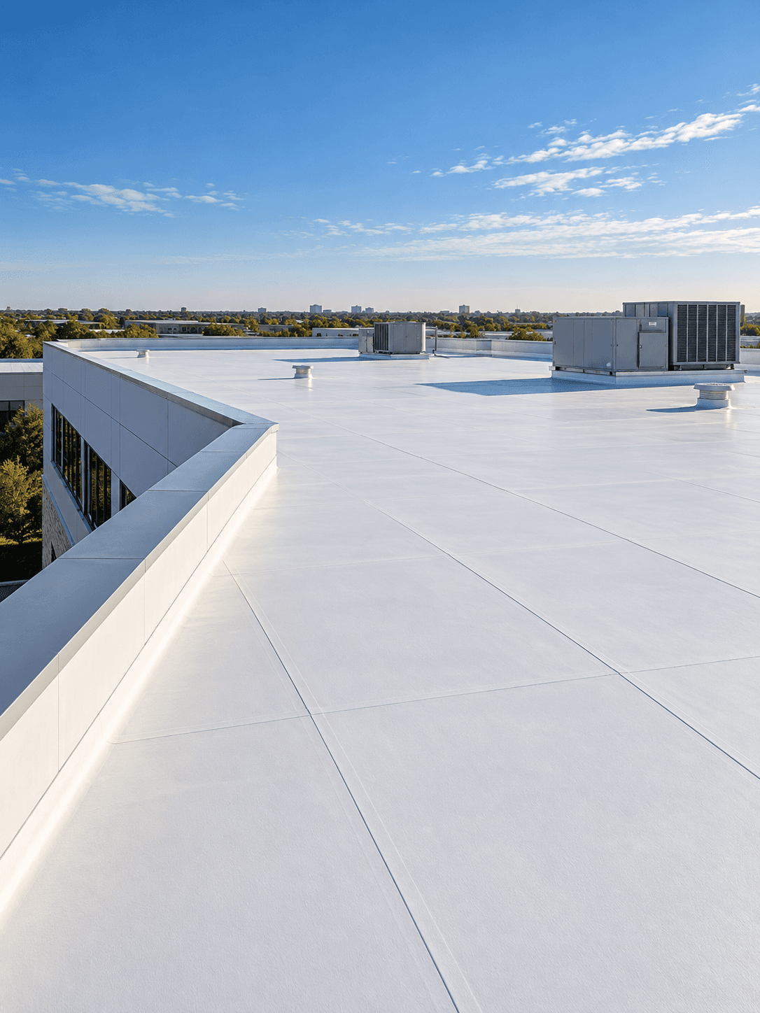 Illustrative commercial low-slope roof with membrane and rooftop equipment
